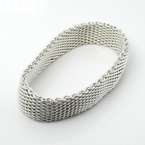 7" Small Tiffany & Co Silver Somerset Mesh Weave Flexible Bangle Bracelet - Picture 2 of 6